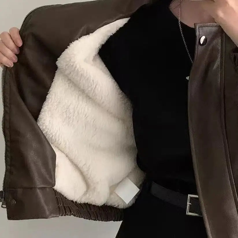 Oversized PU Leather Biker Jacket with Fur Collar