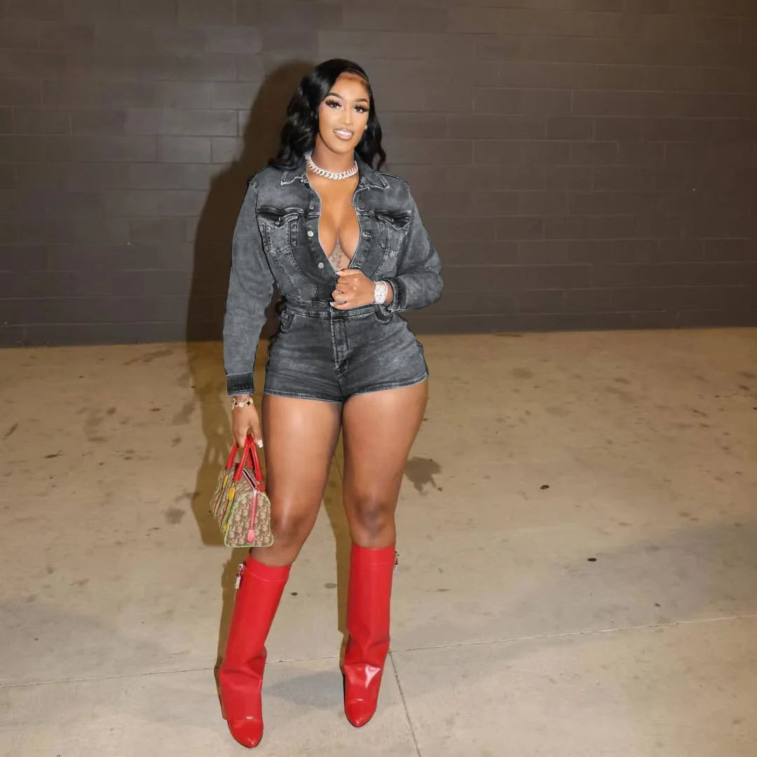 Streetwear Jeans Stretch Playsuit Sexy Women Turn Down Collar Elegant Denim Club Romper Overalls