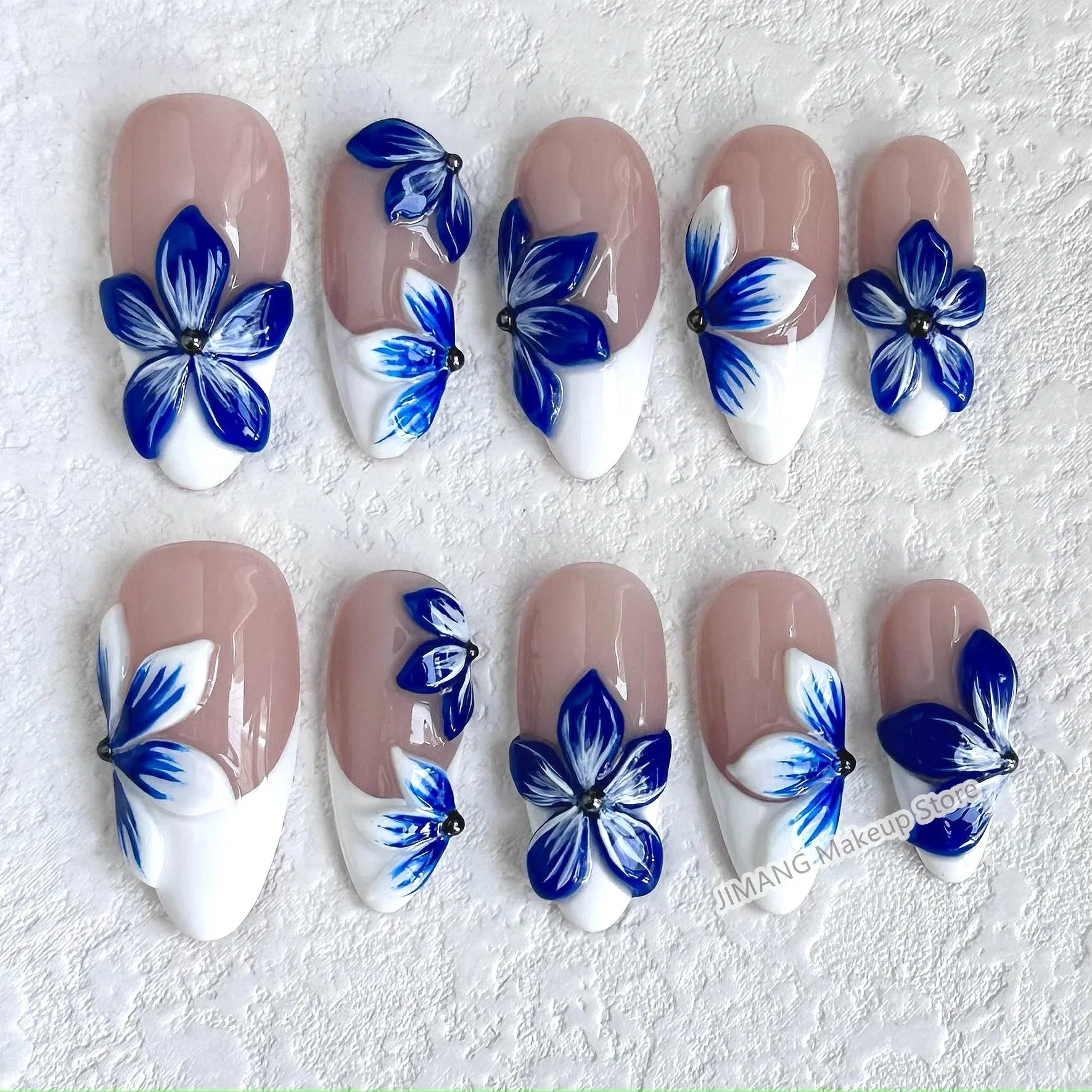 Handmade 3D Flower Press On Nails Reusable Short  Almond False Nails Artificial Fake Nail With Glue Gift Full Cover Nail Tips
