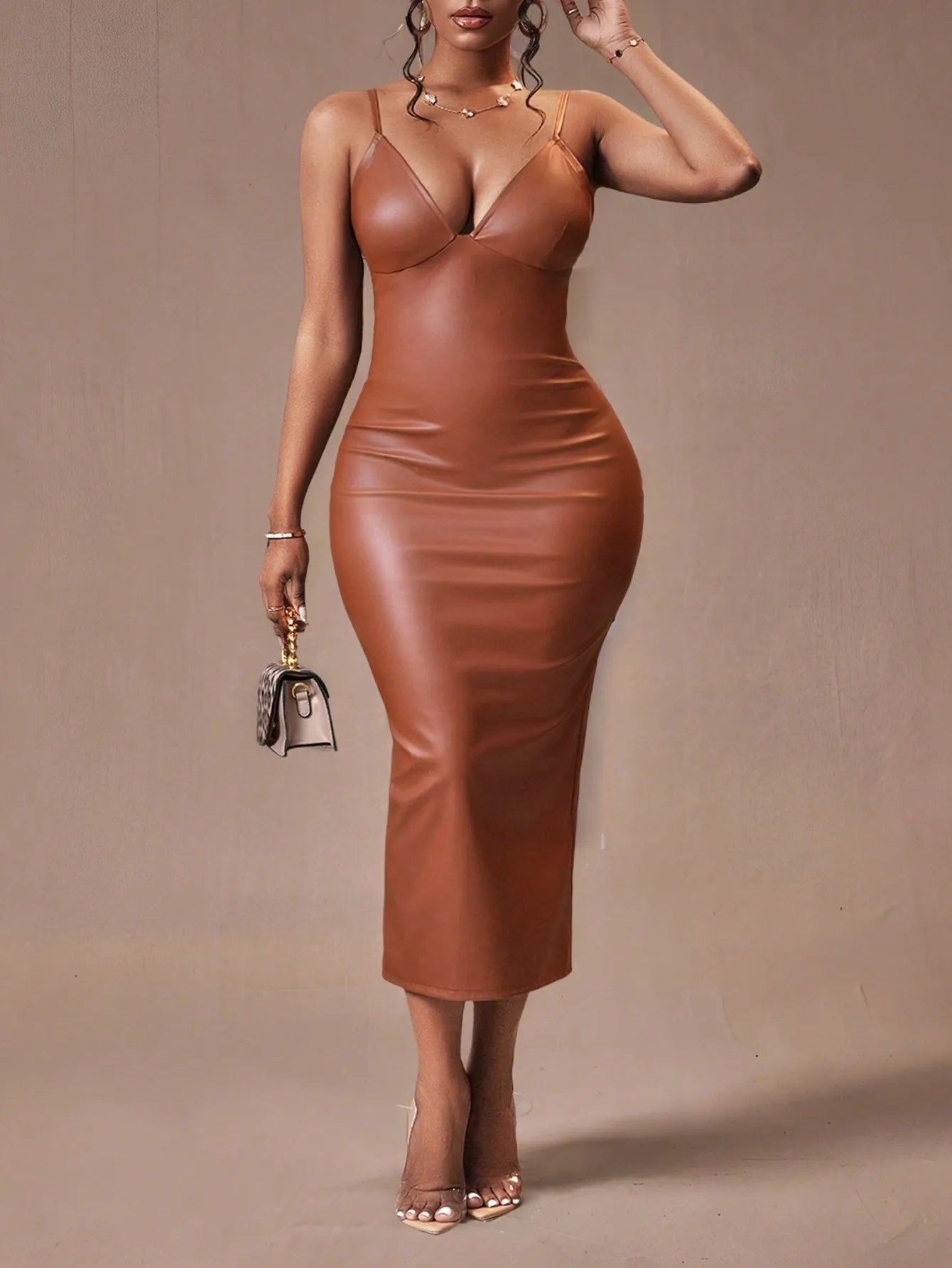 plus Size Solid Color PU Mid-Length Strap V-Neck Dress Sexy for Holiday New Year Valentine's Day Regular Gatherings Women's Fash