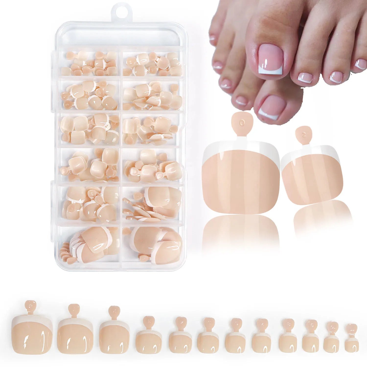 120Pcs Glossy Nude Pink French Press-On-Toenail Set 1*Box Short French Square  Fake Toe Nails Solid-Color Manicure Toenails Tips