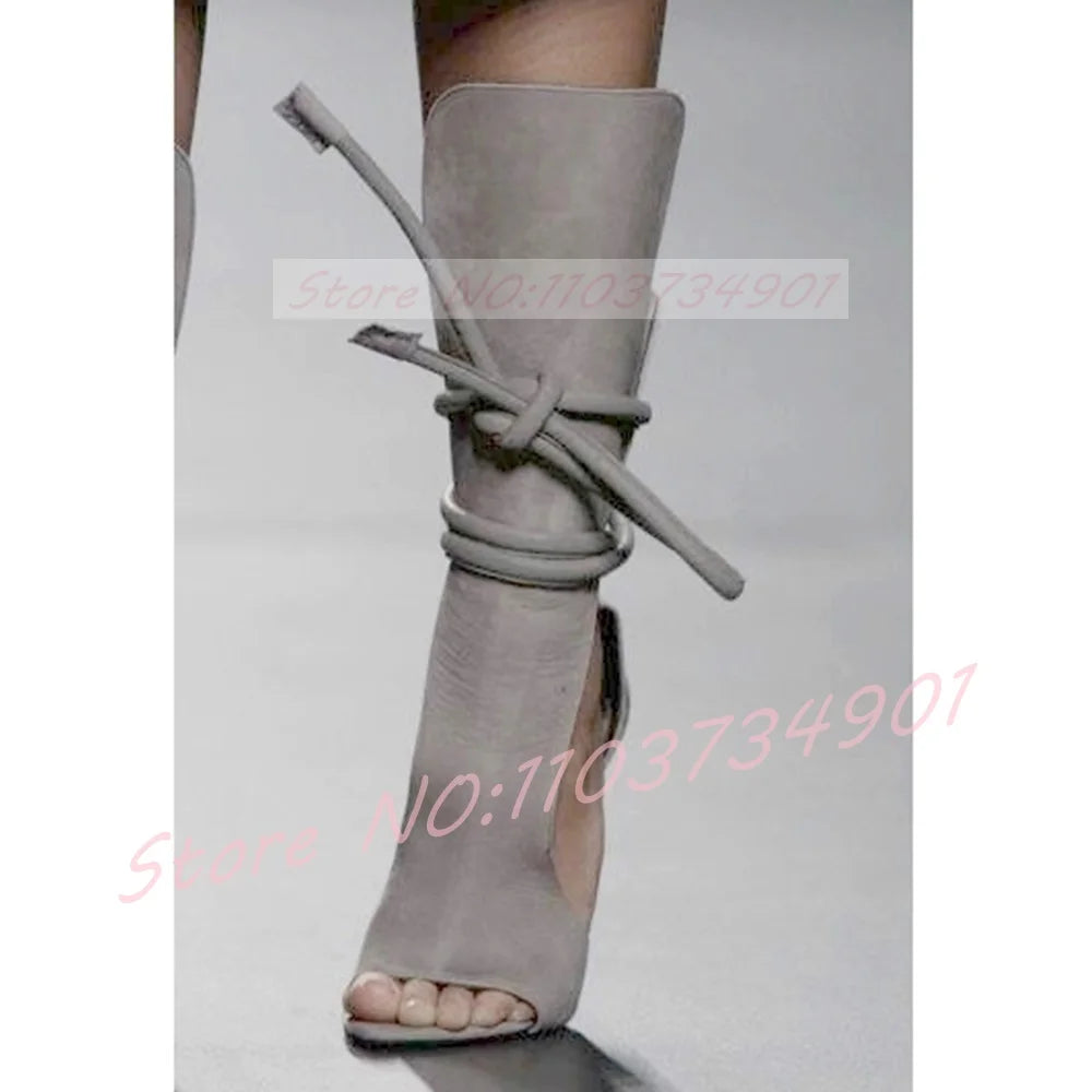 Ankle-Wrap Lace-up Sandals Women Rome Style Pointy Toe Grey Flock High Heels Shoes Ladies Sexy Party Open Toe Stiletto Sandals