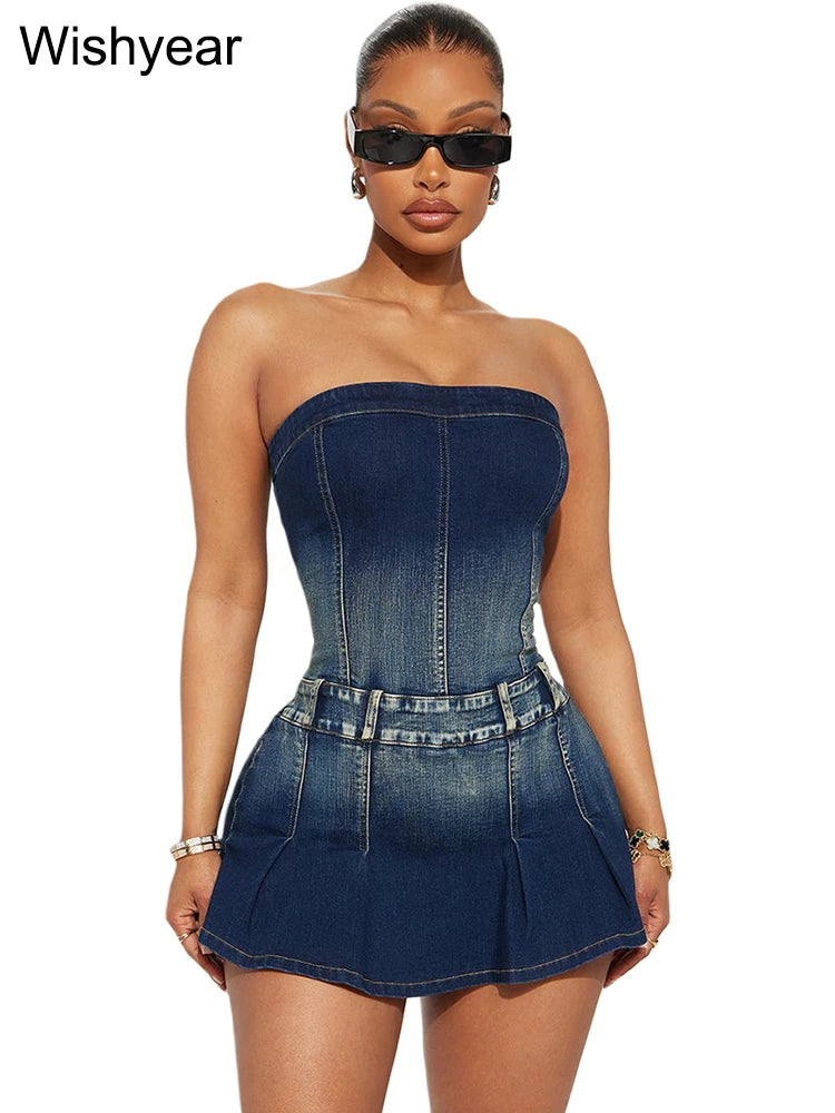Strapless Denim Skort Romper