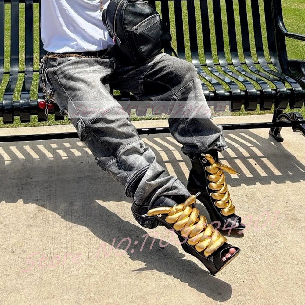 Gold Bold Rope Lace-up Peep Toe Ankle Boots Women High Heels Mixed Colors Boots Ladies Fashion Party & Nightclub Footwear