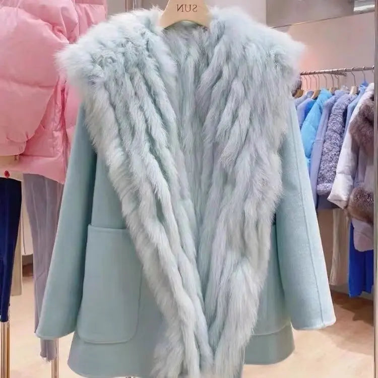 Pink Hooded Coat Women's Autumn Winter Belt Popular Woolen Coat 2024 Fur Coat Fragrant Wind High end Lightweight Short Fur Neck