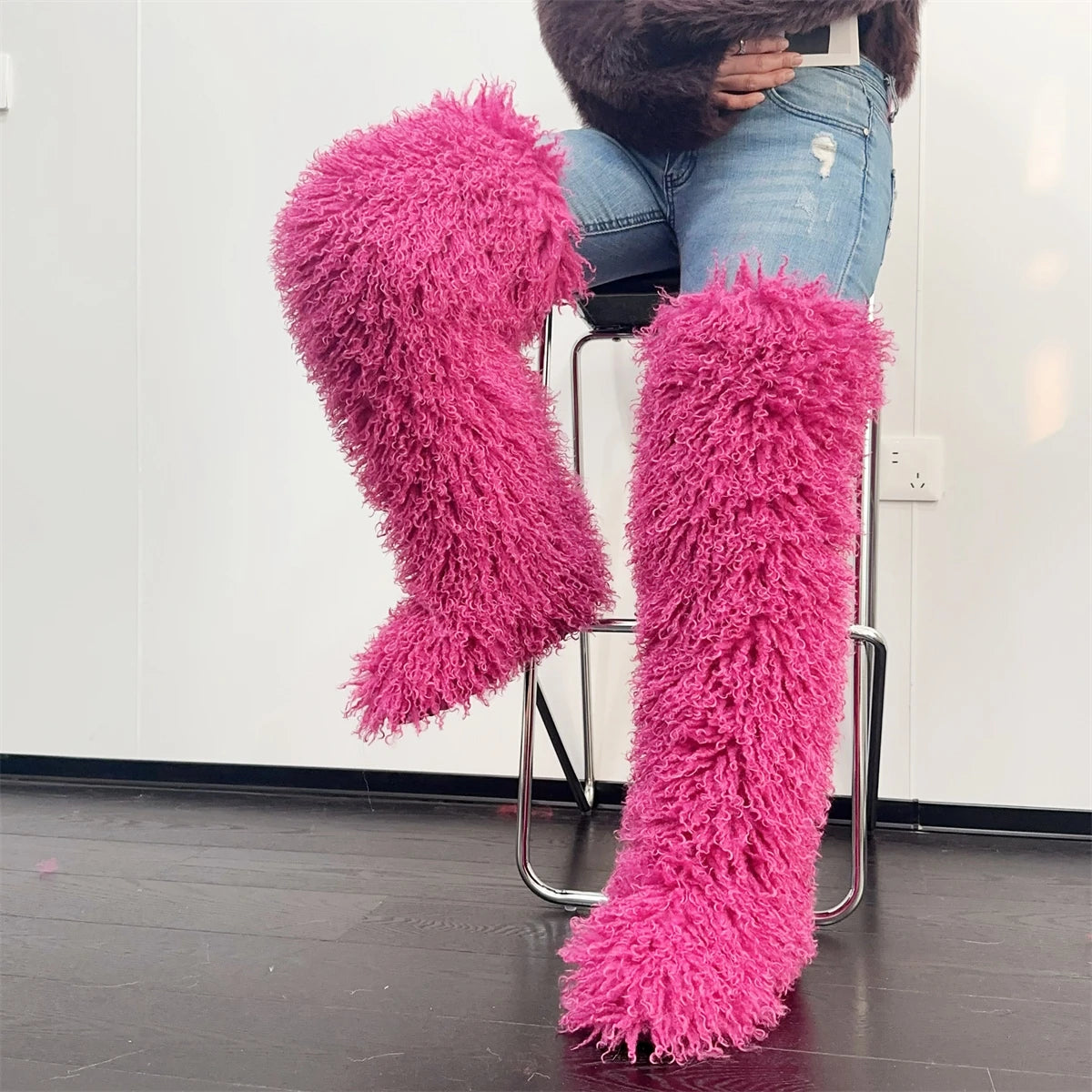 Over The Knee  Thigh High Mongolian Fur Boots Faux Tall Boots for Women