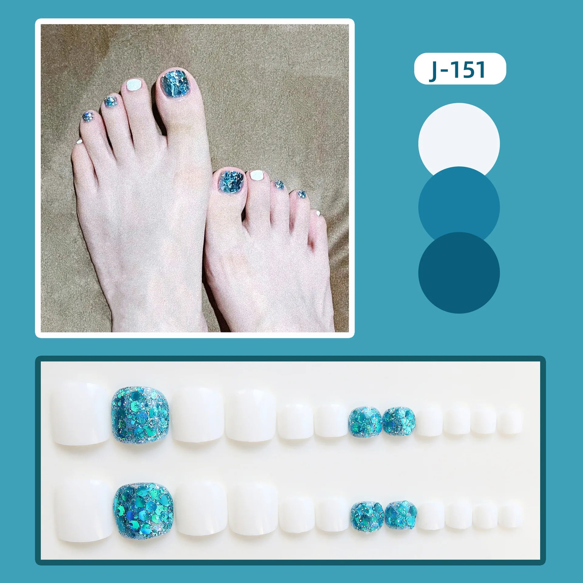 24Ps Glossy Lake Blue Press on Toe Nails Artificial Acrylic Fake Toenails Full Coverage Removable Wearable Toe Nail Art Finished