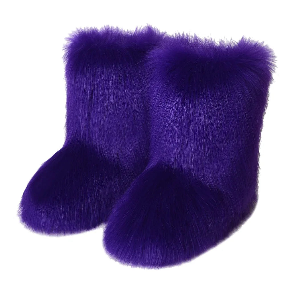 New Winter Faux Fur Onepiece Raccoon Fur Female Snow Boots Fur Shoes Outdoor Mid Leg Boots