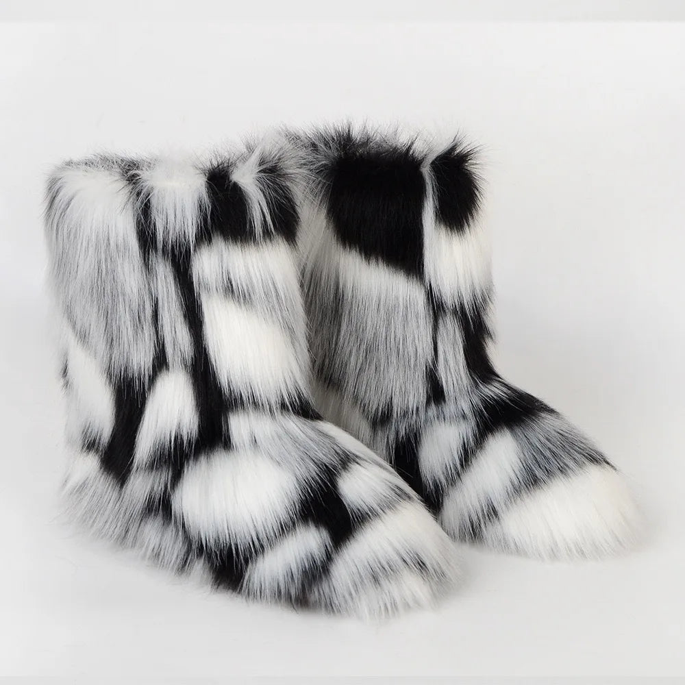 New Winter Faux Fur Onepiece Raccoon Fur Female Snow Boots Fur Shoes Outdoor Mid Leg Boots