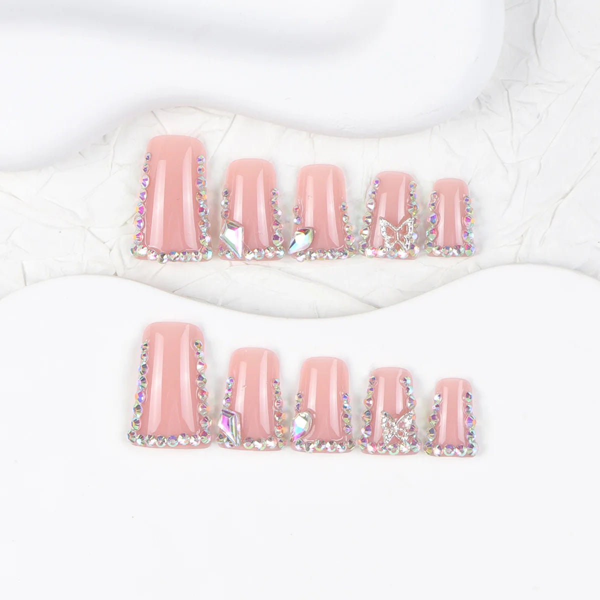 24 Pieces Nude Sparkling Diamond French Duckbill False Nails Press-On Tips Wearable Model Style False Nails