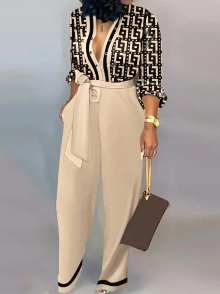 Vintage Button-Up Lace-Up Long Sleeve Jumpsuit