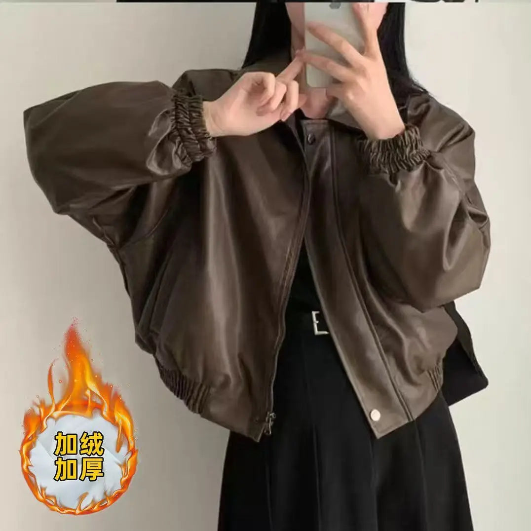 Oversized PU Leather Biker Jacket with Fur Collar