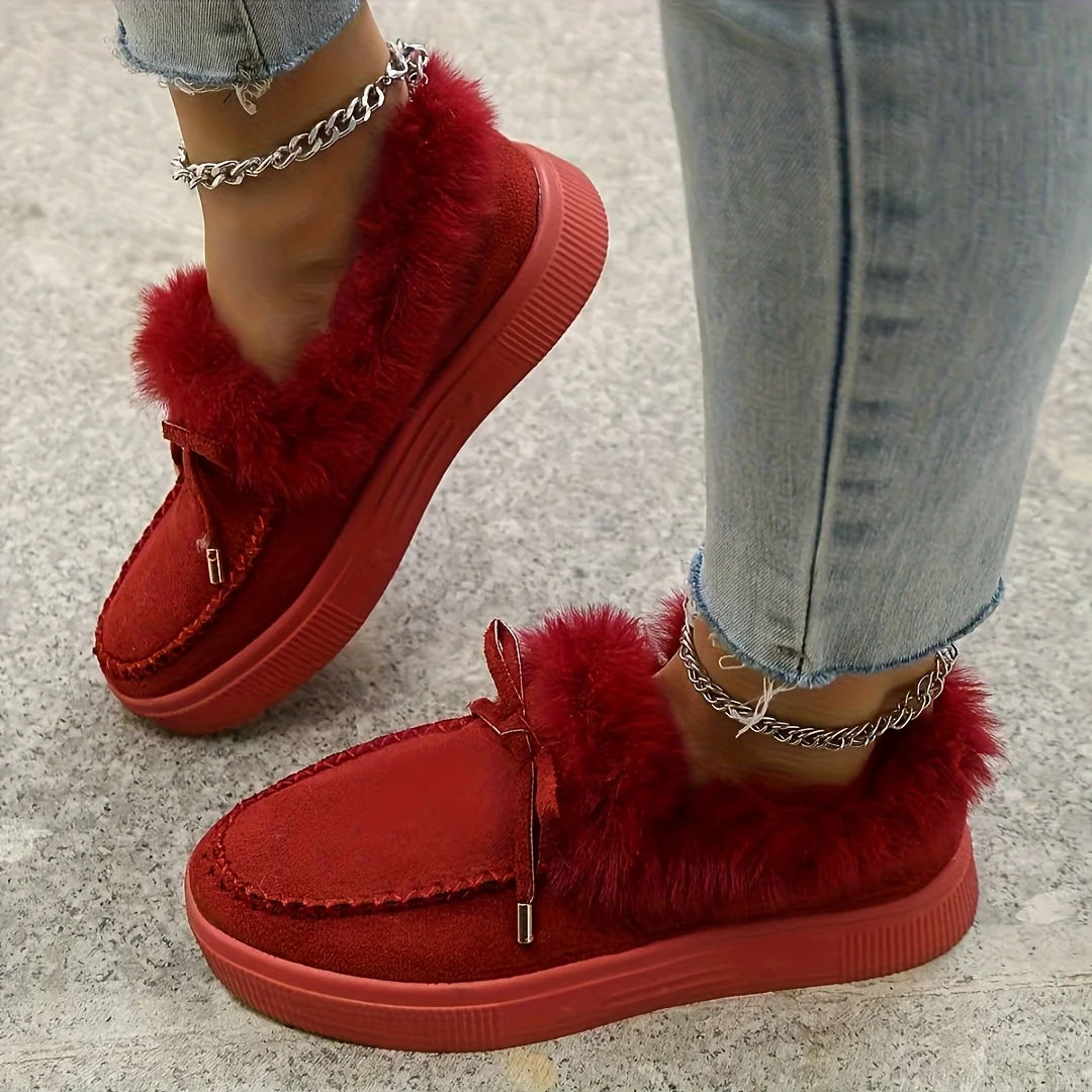 Stylish Short Boots, Black/Red, Faux Fur Trim. Lightweight & Warm, Unisex Plus Sizes. Perfect Gift, Multiple Occasions!