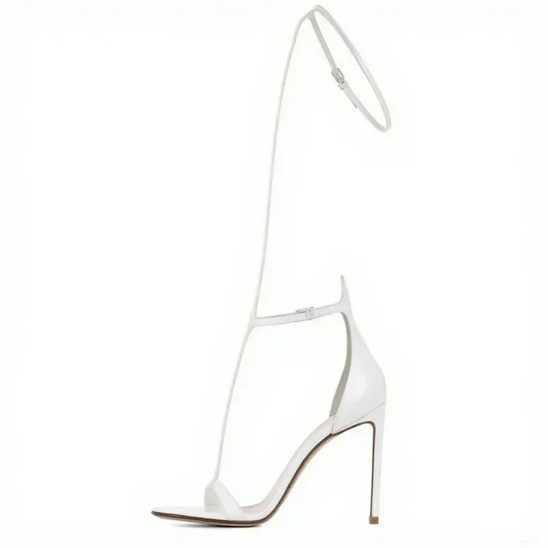 Black T- Strap Cover Heel Sandals Sexy Pointed Toe Matten Leather Ankle Buckle Strap New Arrivals Fashion Women Shoes