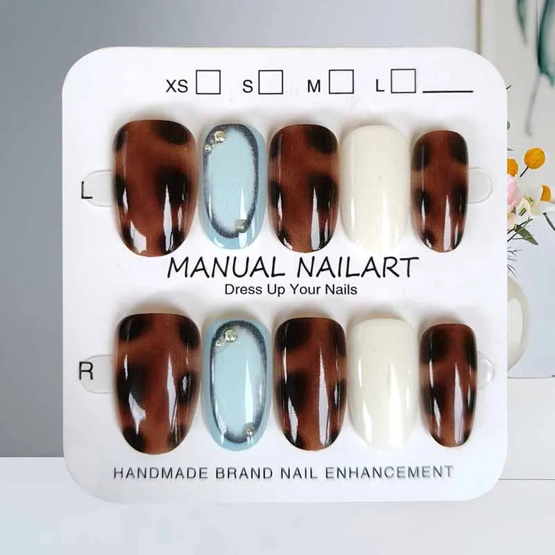 10Pcs Blue Brown Retro Leopard Print Press on Nails Almond Shaped Polka Dot  with Drill Gentle and Fresh Nail Patch False Nails