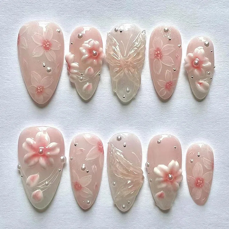 24Pcs Mid-length Almond Press on False Nails 3D Ripple Flower Design Full Cover Nails Tips Bow Strawberry Detachable Fake Nails