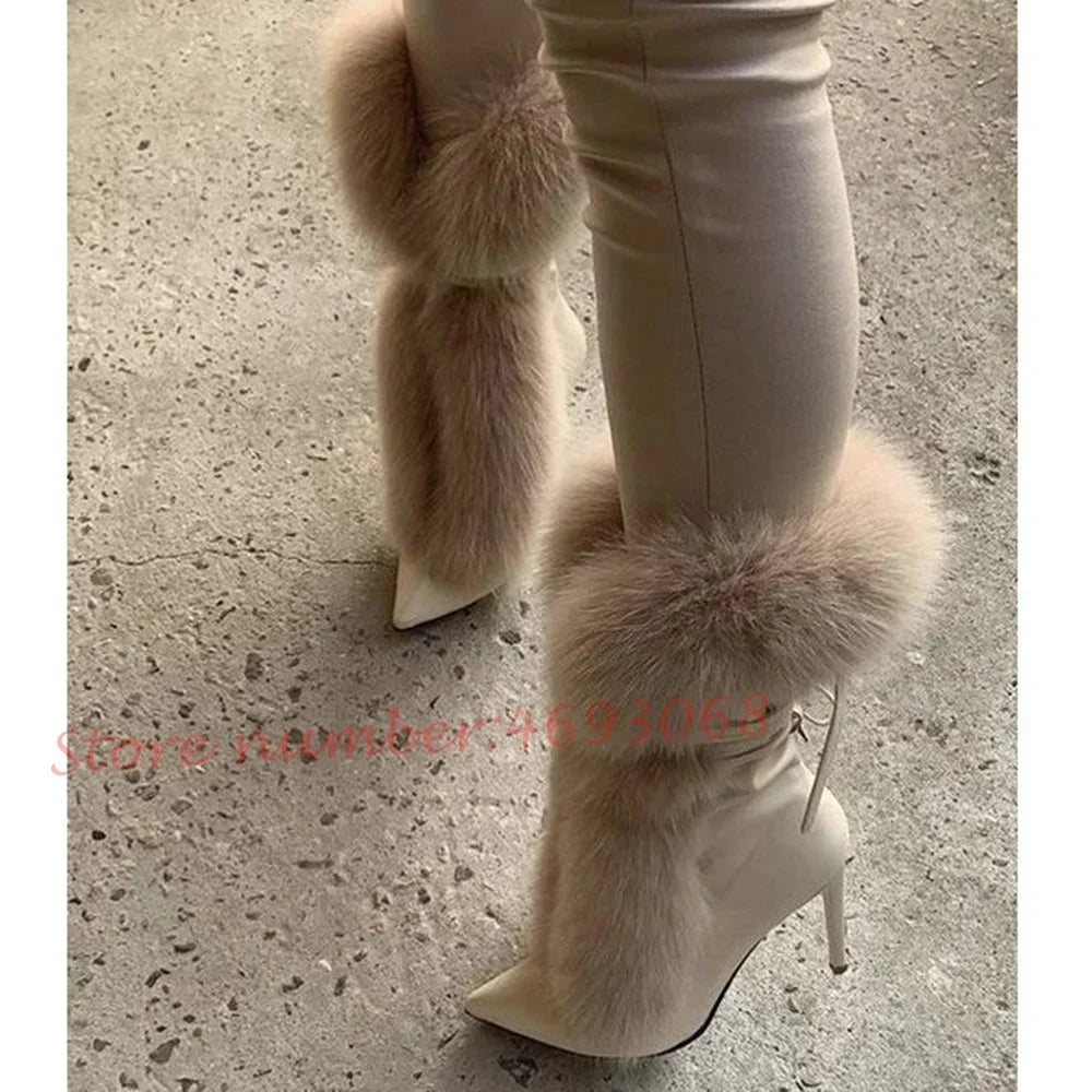 Fluff Pointy Women Ankle Boots Newest White Plush Fur High Stiletto Heel Lace-up Short Boots Female Luxury Slip On Fashion Shoes