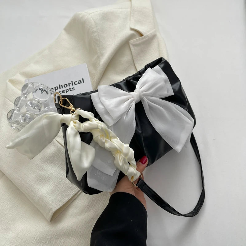 Lovely Bow Handbags for Girls Ladies Fashion Pleated Shoulder Bags for Women Simple Design Female Underarm Bag Casual Tote Purse