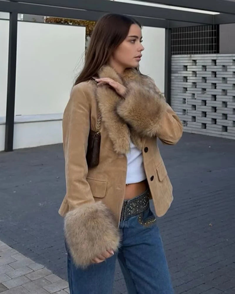 Women's Jacket 2025 New Fashion Autumn Winter Suede Leather Effect Jacket and With Big Fur Collar Casual Chic Women Clothes