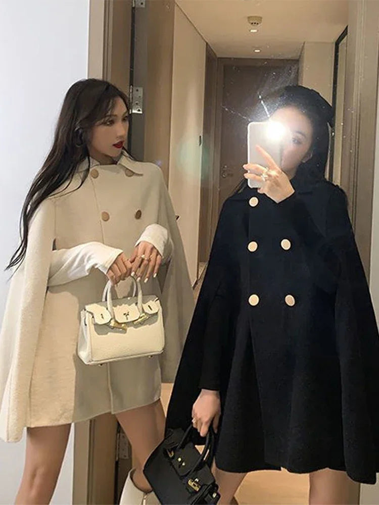 Double Breasted Women Cape Coat Faux Woolen Loose Solid Female Overcoat 2024 Fashion Spring Poncho Elegant Lapel Lady Jacket