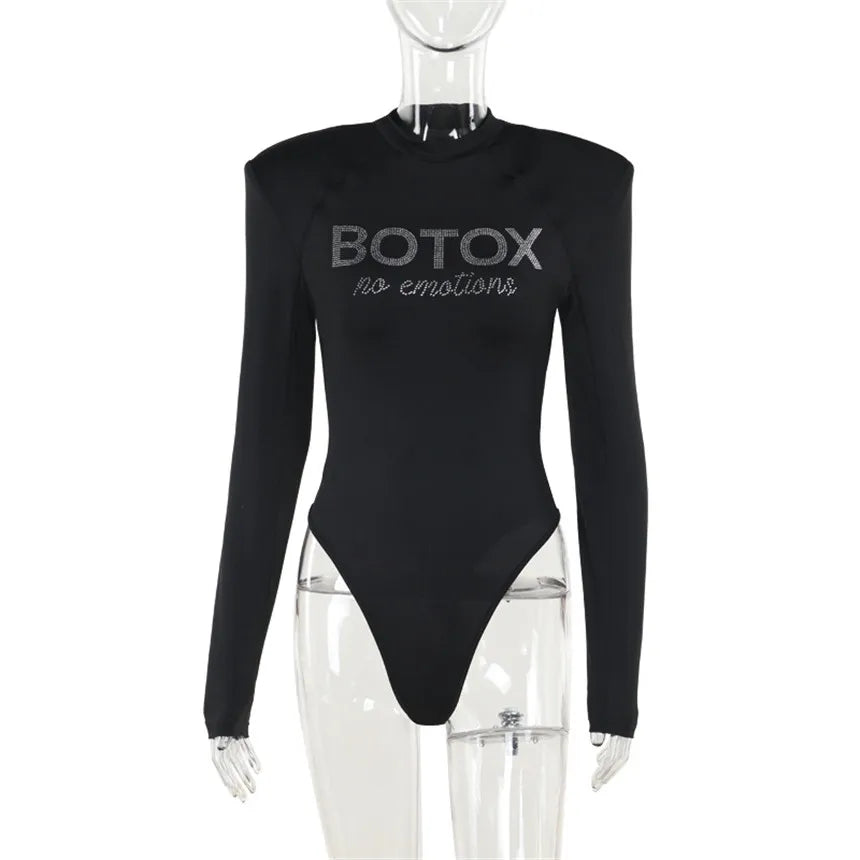 Black Rhinestone Letter Long Sleeve Bodysuit