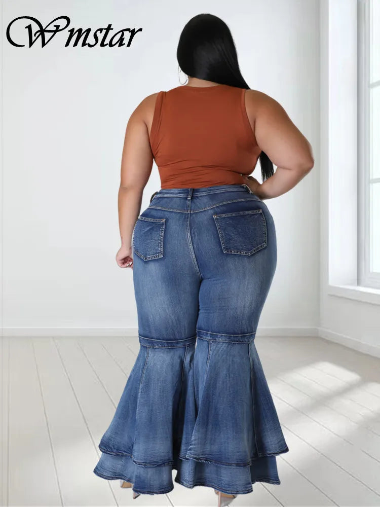 Plus-Size High-Waist Flare Jeans – Ruffled Hem Denim Pants
