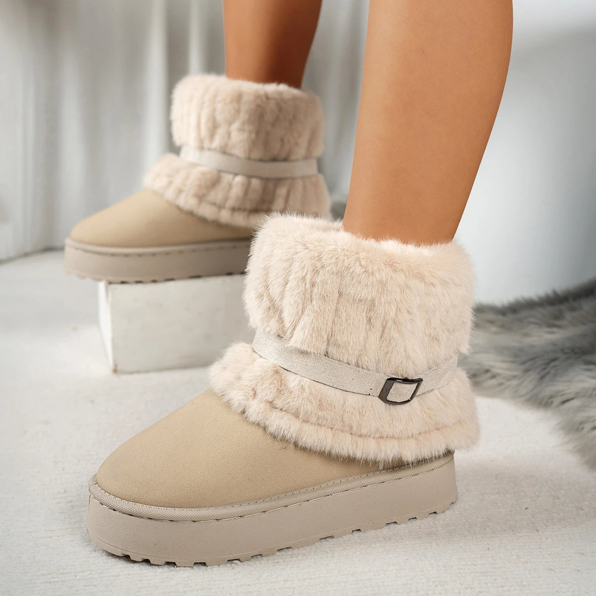 Women Thick Sole Faux Fur Snow Boots Winter Warm Thick Plush Cotton Shoes Woman Comfortanle Non Slip Platform Ankle Botas Mujer