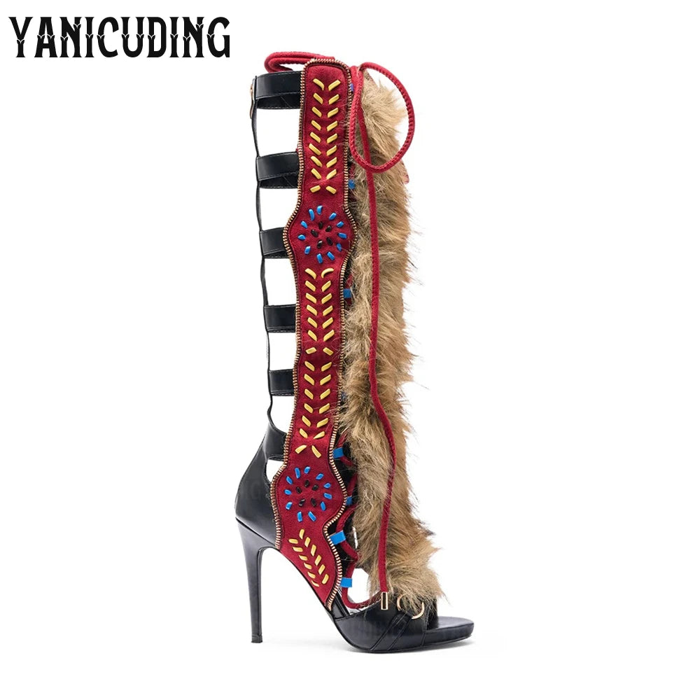 Stitch and Fur Sandal Knee High Boots Black Multi Gladiator Sandals Luxurious Style Genuine Fur Lace-Up Summer Boots for Women