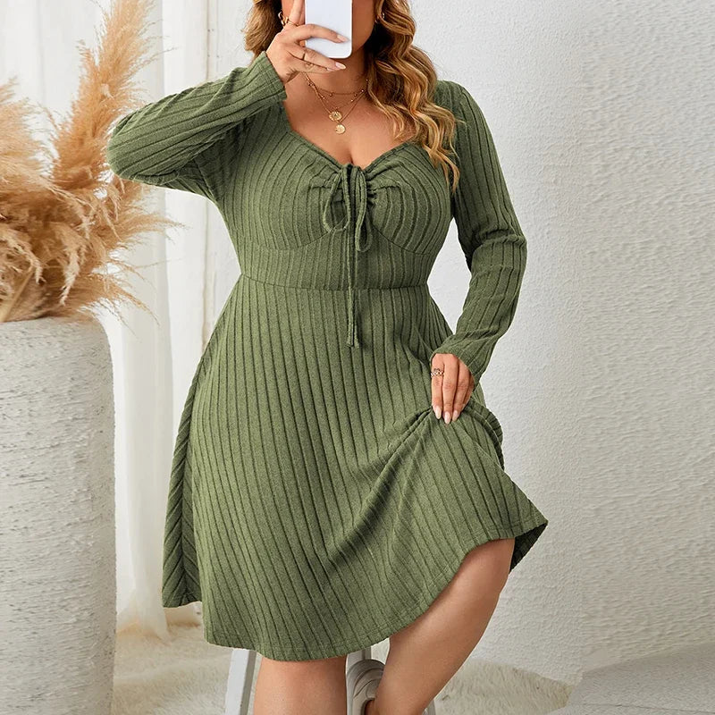 Women Plus Size Dress Fashion Solid Know Lace Up Knitted Sweater Dress Women Casual Solid Party Dress Green Black Gray