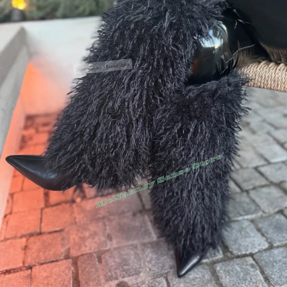 Fur Warm Knee High Boots Pointy Toe Stiletto Heels Solid Boots Women Sexy Shoes Winter Party Designer New Style Shoes Slip On