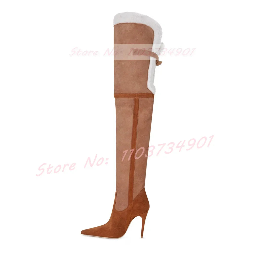 Fur Mix Colors Warm Thigh High Boots Women Nifty Pointy Toe Stiletto High Heels Slim Stretch Boots Ladies Fashion Brown Shoes