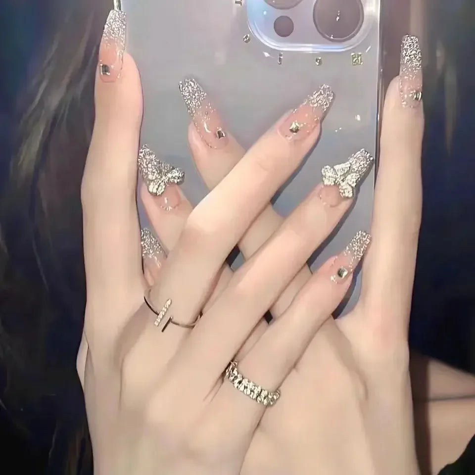 Pink Fake Nails Press on Nail Designs Art Long Tips False Forms with Glue Stick Stickers Reusable Set Acrylic Artificial