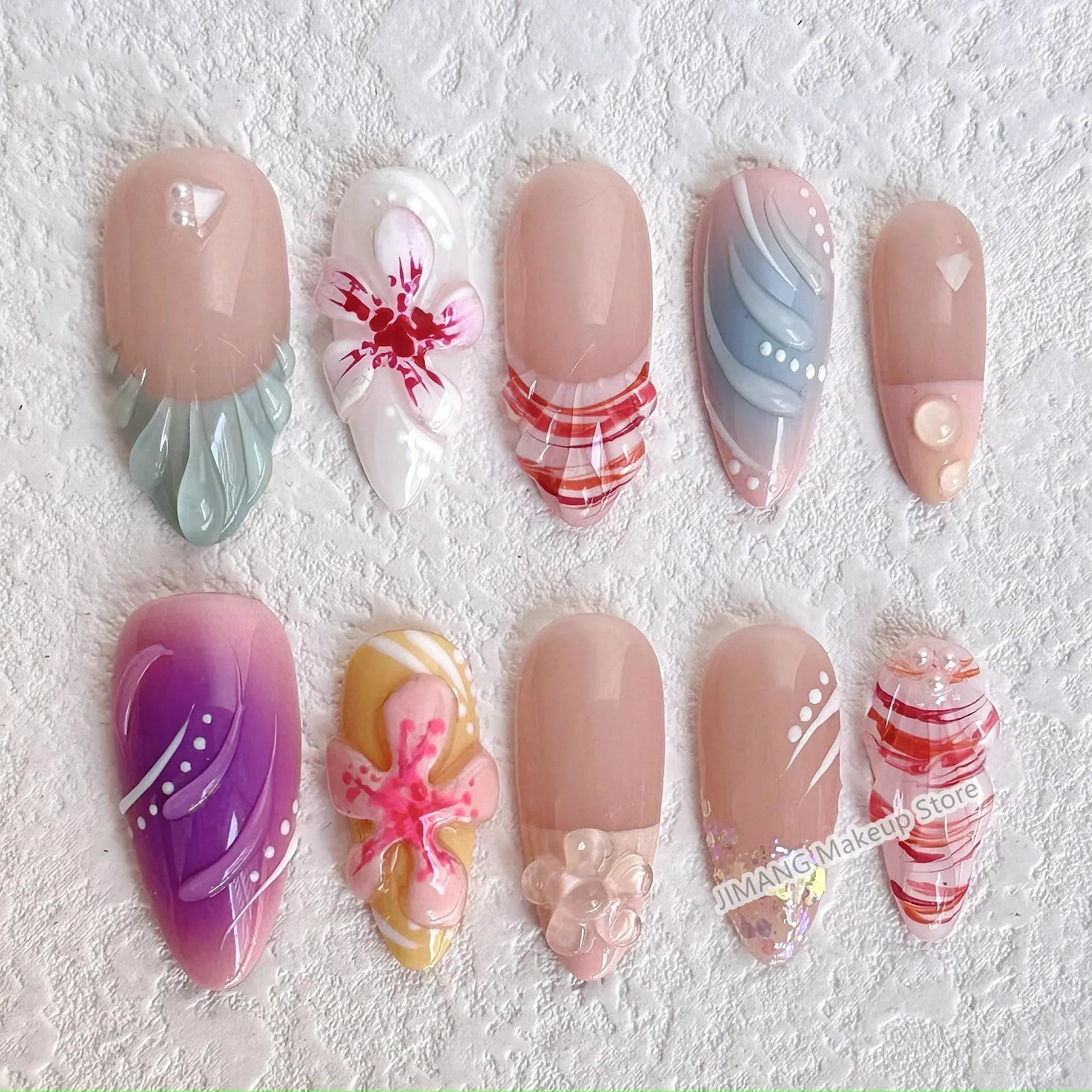 Handmade 3D Flower Press On Nails Reusable Short  Almond False Nails Artificial Fake Nail With Glue Gift Full Cover Nail Tips