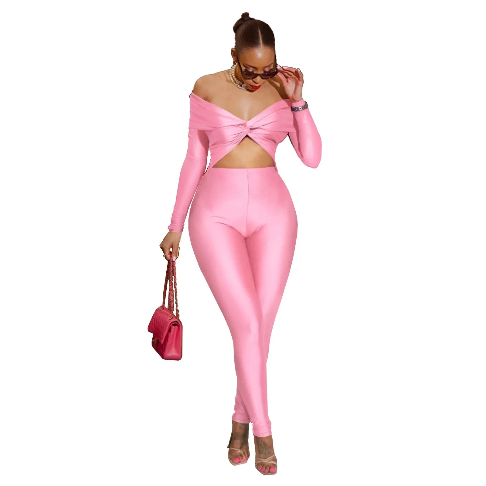 Sexy High-Waist Long-Sleeve One-Piece Suit GL6755 Hollow out Collar Knot Design Cross-Border Women's Fashion Crop Top Bottoms