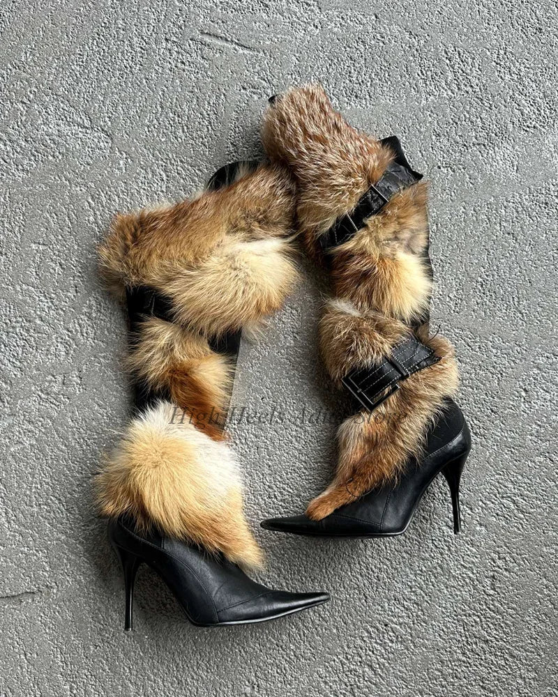 Women's Fur Heels Black Leather Knee High Boots Sexy Vintage Brown Pointy Toe Luxury Designer Long Boots 2025 New in Party Shoes