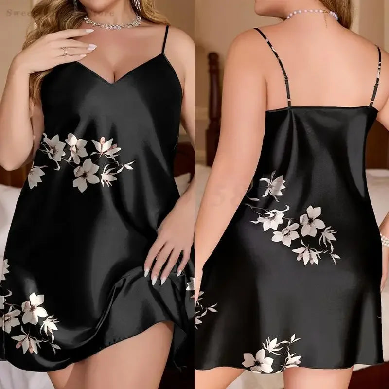 Plus Size 3XL 4XL 5XL Chemise Nightgown Summer New Female Satin Sleepwear Sexy Print Flower Strap Nightdress Homewear Negligee