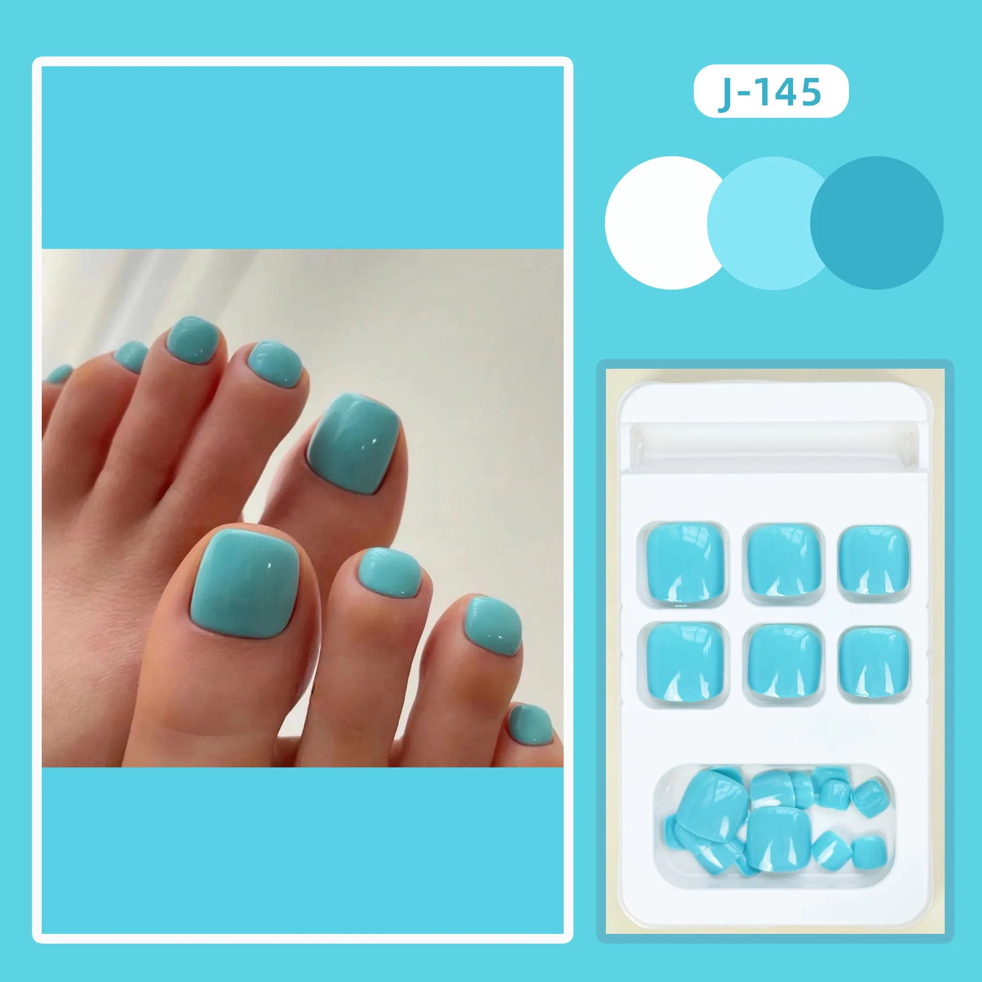 24Ps Glossy Lake Blue Press on Toe Nails Artificial Acrylic Fake Toenails Full Coverage Removable Wearable Toe Nail Art Finished