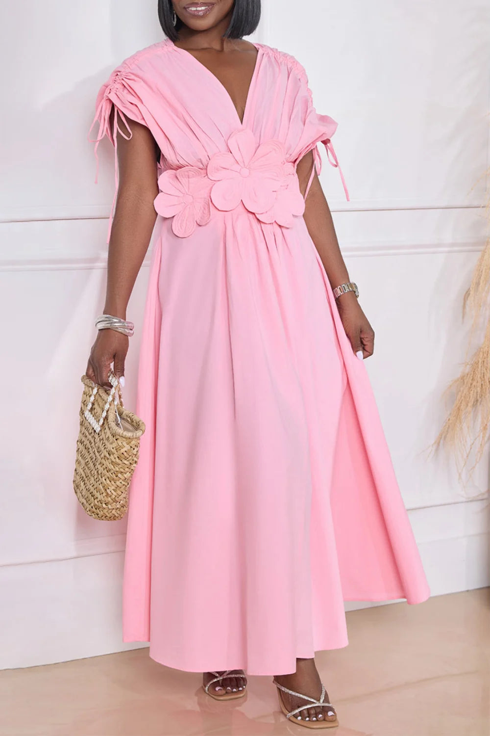 Plus Size Daily Pink Sundress V Neck 3D Floral Ruched Maxi Dresses