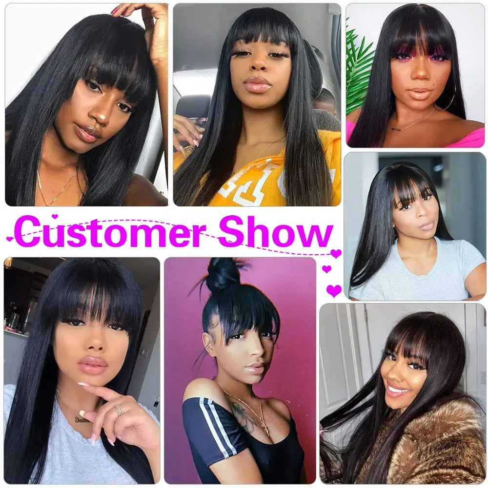 100% Human Hair Wig With Bangs Short  Human Hair Wigs For Brazilian Straight Black Long Fringe Wig full machine made wig