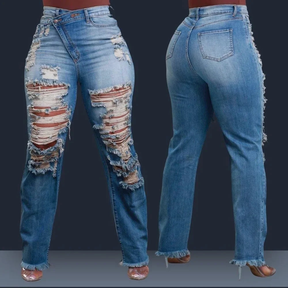 Jeans Ankle Length Women Pencil Denim Hole Pants Ripped Pockets High Waist Jean Skinny Streetwear Button Washed Distressed