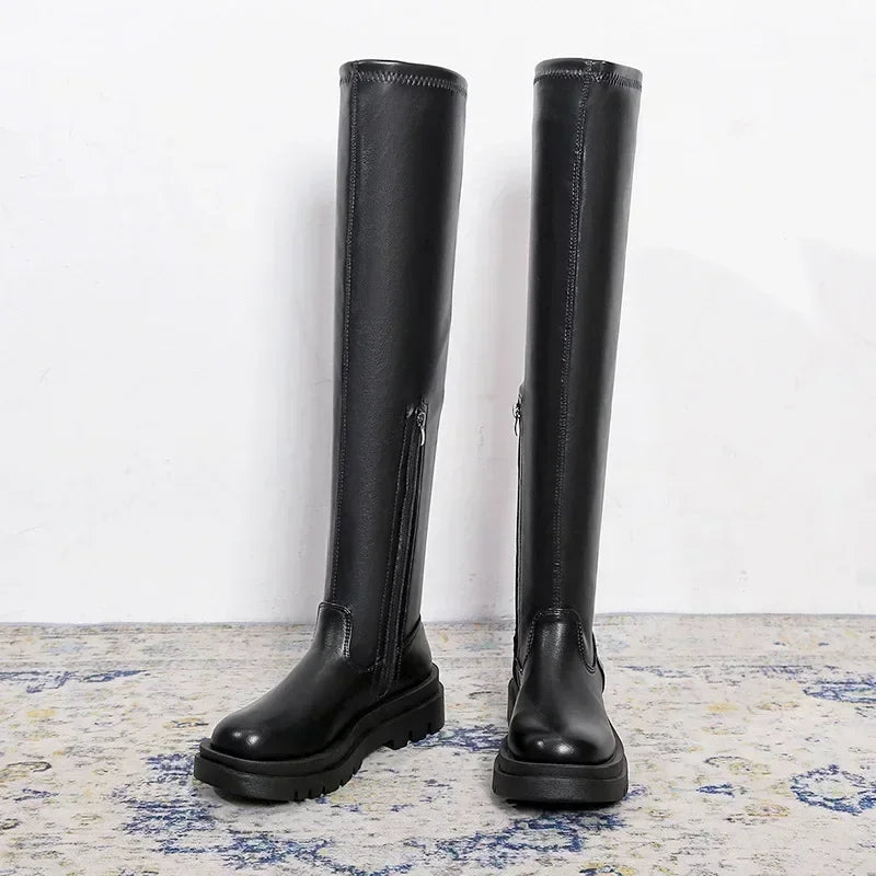 Platform Heel Knee High Boots Women Fashion Ladies Zipper Round Toe Knight Long Boots Autumn Winter Women's Shoes Footwear