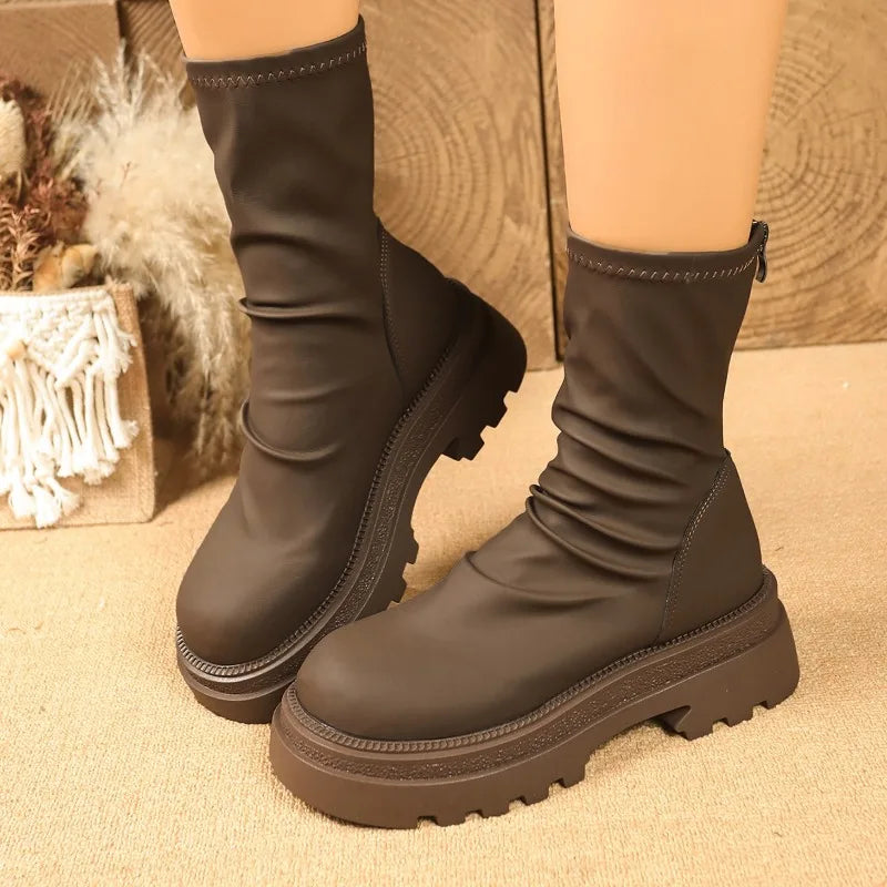2025 New Platform Heel Women Short Boots Fashion Back Zippers Ankle Boots Retro Style Autumn Winter Female Shoes Женские ботинки