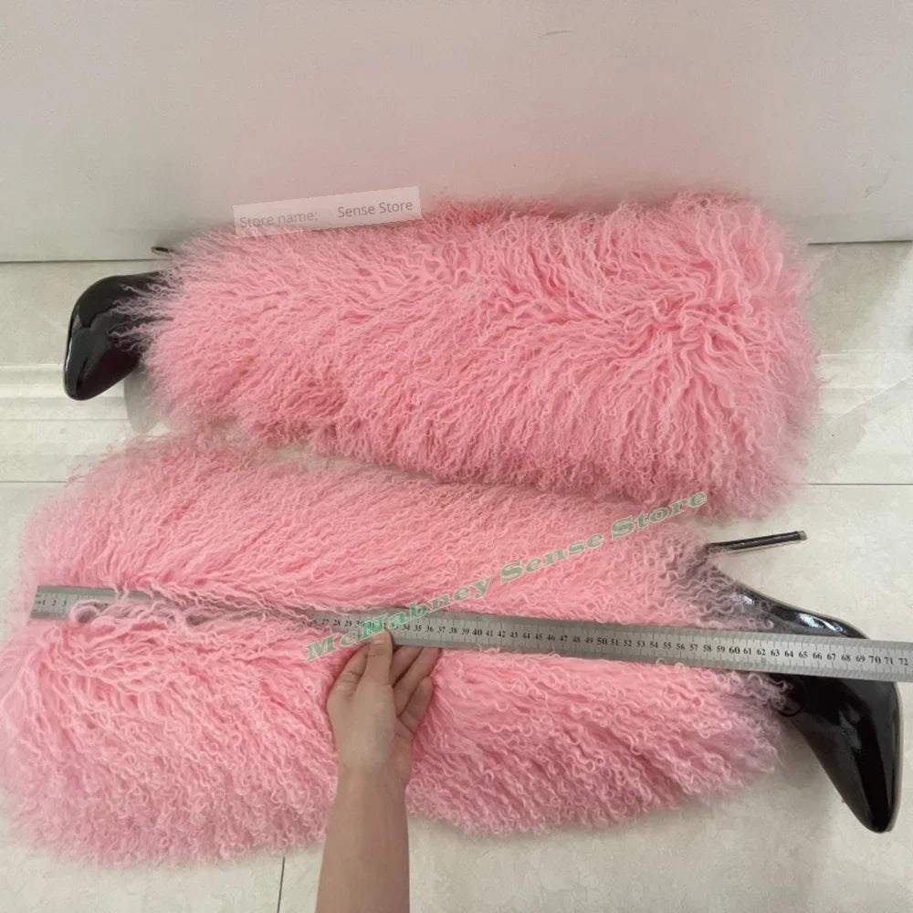 Fur Warm Knee High Boots Pointy Toe Stiletto Heels Solid Boots Women Sexy Shoes Winter Party Designer New Style Shoes Slip On