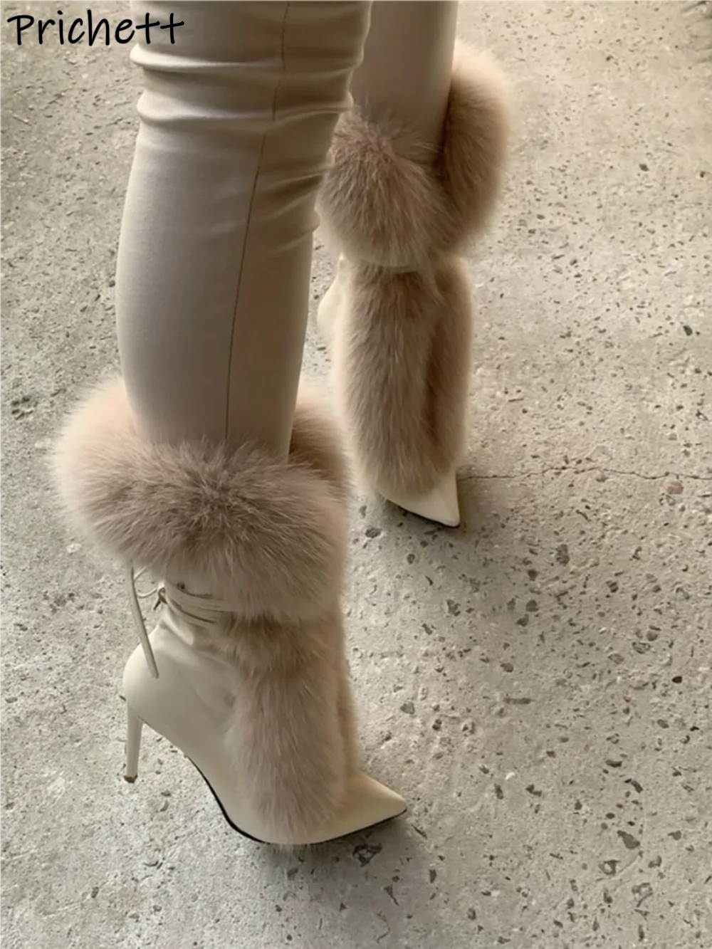 Soft Furry Winter Boots Black Brown Warm Pointy Toe Lace Up Luxury Mid Calf Boots Sexy Fashion Runway Leather Hotties Shoes