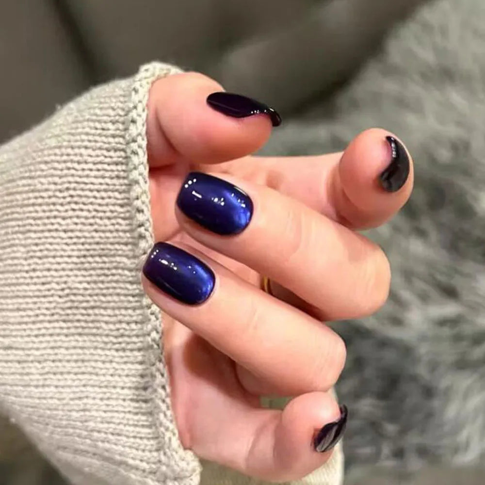 30Pcs Blue Cat eye Wearable Press on Nails Short Square Full Cover False Nails Artificial Ballet Reusable Fake Nails for Women