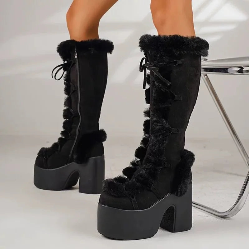 New Winter Women's Snow Boots Platform Wedge High Heel Faux Fur Womens Boots Plush Warm Non-slip Platform Boots Botas Para Mujer