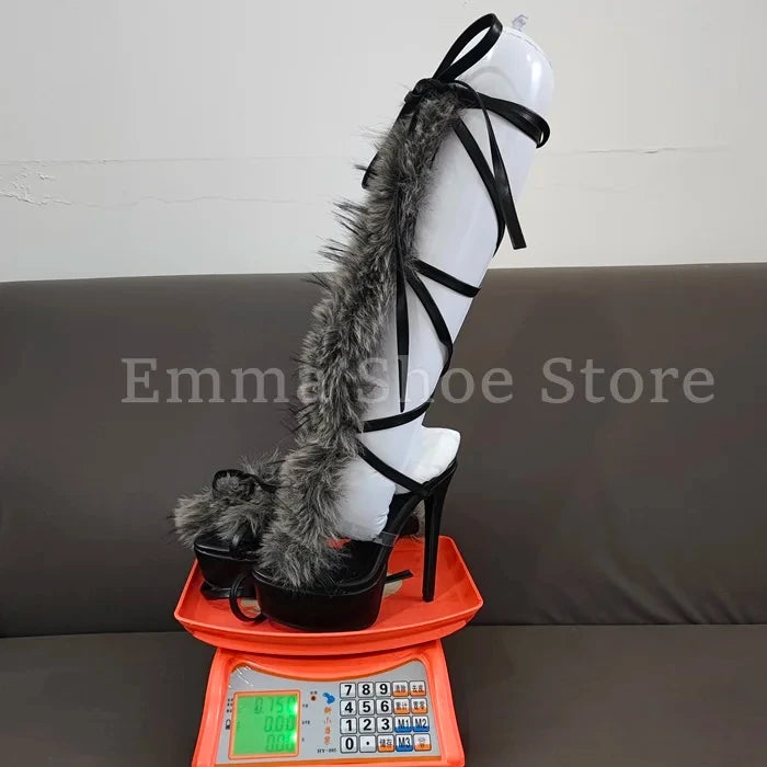 Fashion Women's Gray Fur Decoration Boots Summer High Heel Platform Thick Bottom Dance Shoes Stiletto Lace Up Party Sandals