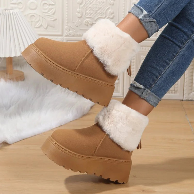 High Heel(5-8cm)Suede Boots Slip-On Snow Boots Winter Rubber Round Toe Mid-Calf Faux Short Plush