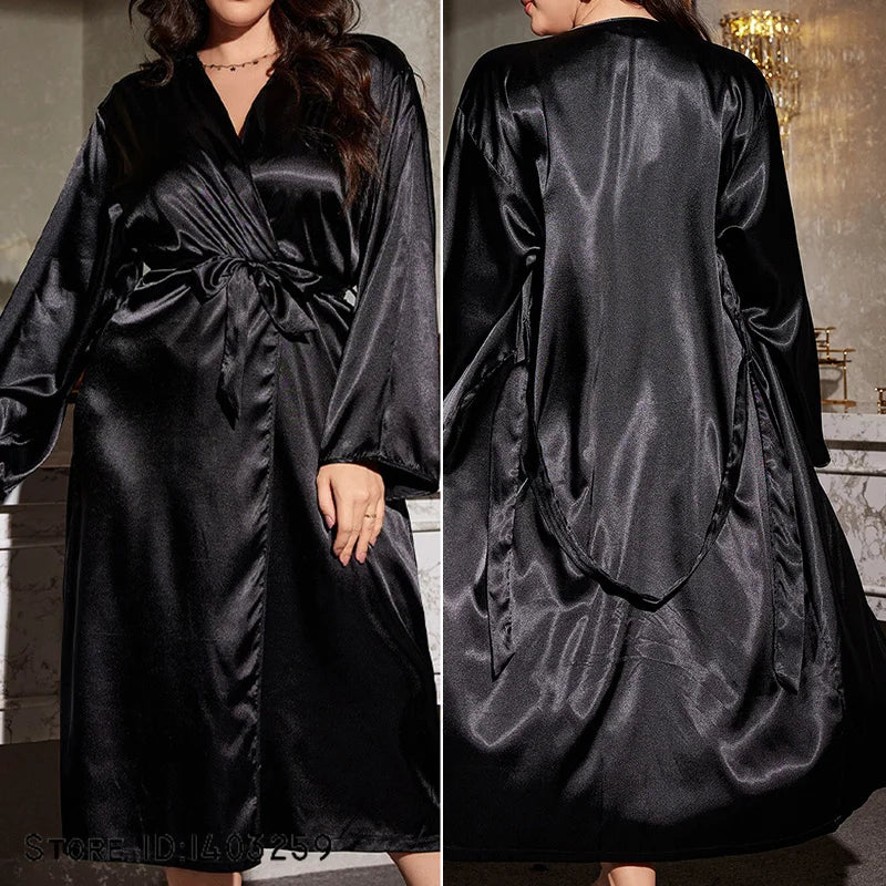 Plus Size 5XL Female Long Robe Sleepwear Spring Summer New Kimono Bathrobe Gown Loose Casual Silk Satin Home Dress Lounge Wear