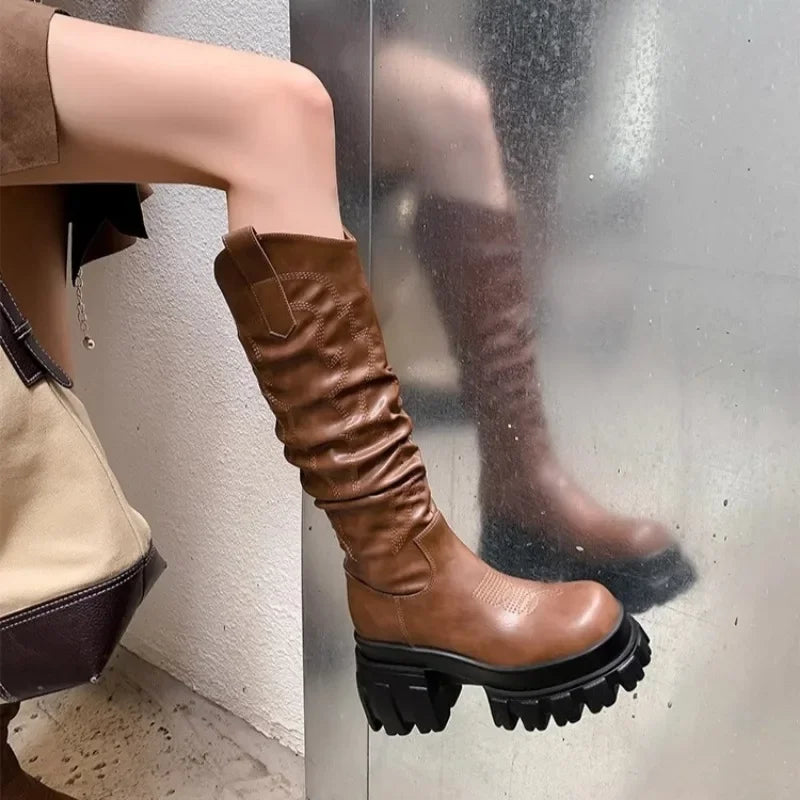 Big Round Toe Thick Heel Embroidered Pleated Knee High Boots Women Retro Autumn Winter Stacked Knight Boots Western Cowboy Boots